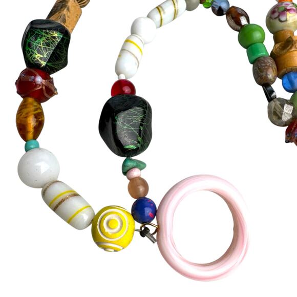 Eclectic Artisan Beaded Necklace Mixed Media Glass Wood Ceramic Funky Boho - Picture 2 of 13